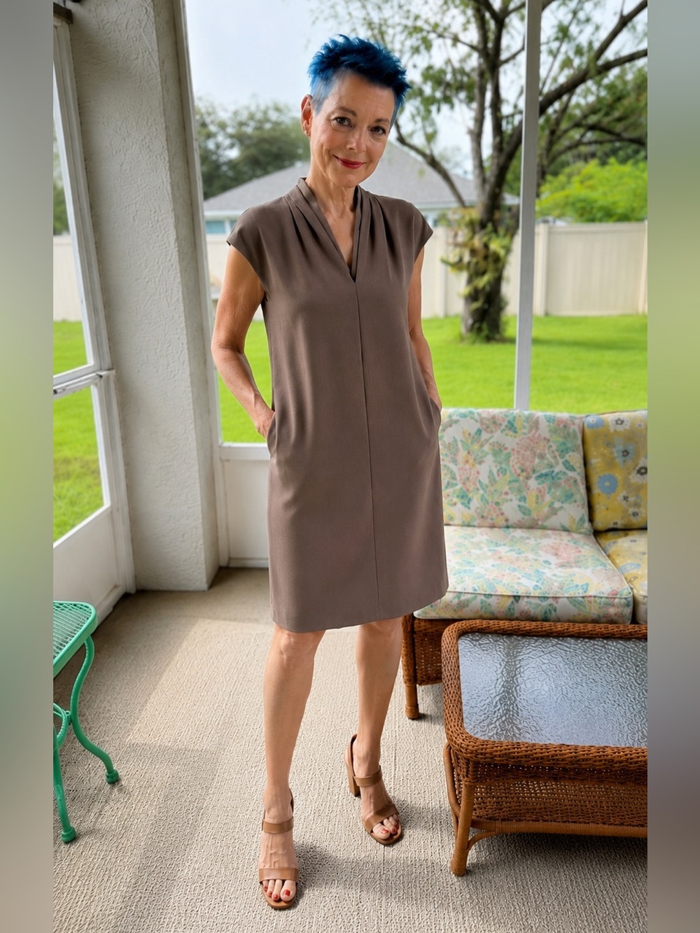 Carmen Marc Valvo Taupe Draped Neck Shift Dress M Minimalist